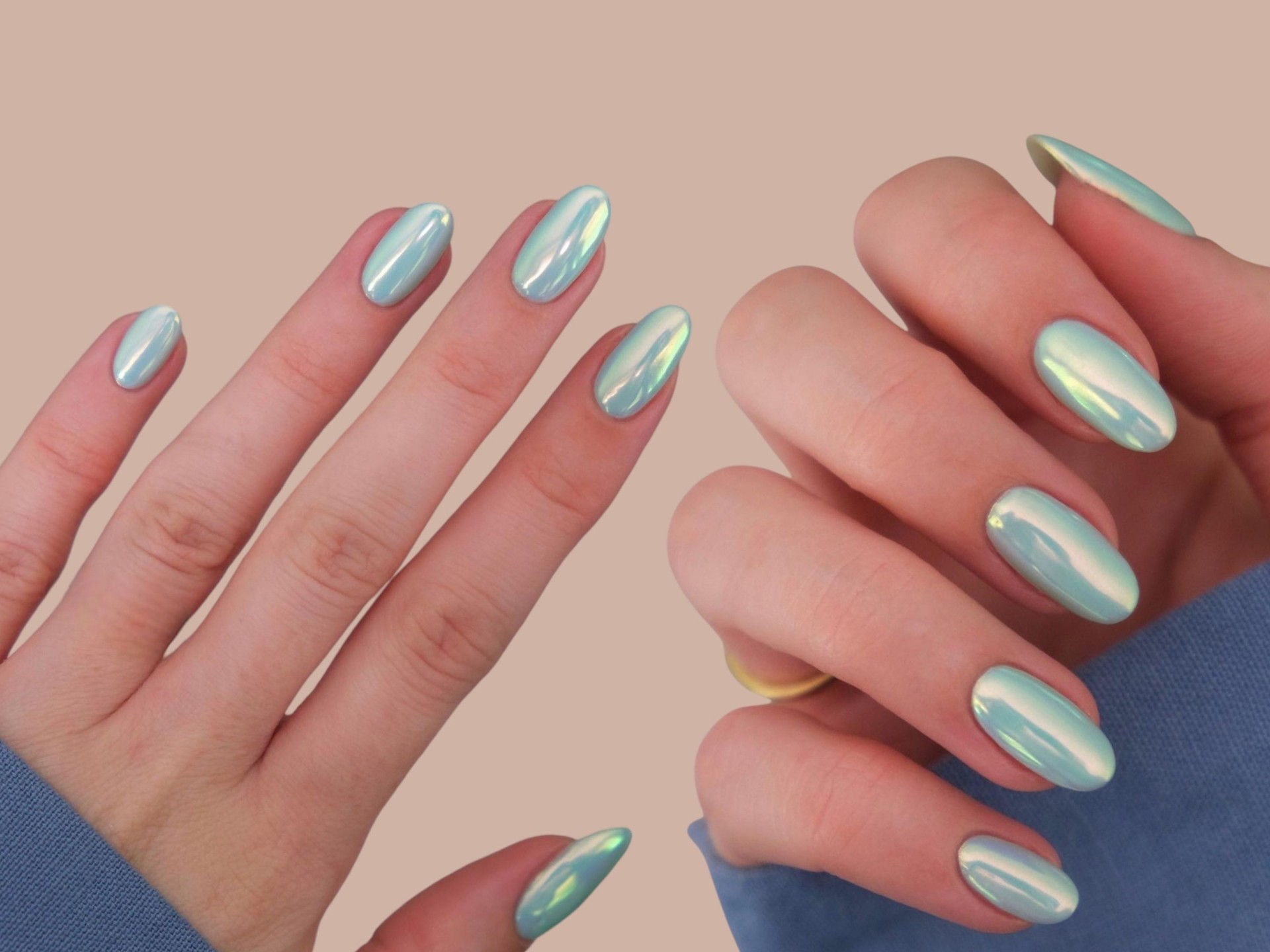 Young woman's hands with innovative modern hand-painted nail polish with modern shape _ New nail manicure design